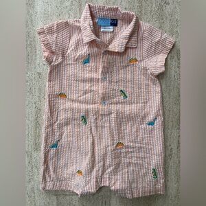 Good Lad Orange Striped Kids Button Down Romper with Dinosaur Embroidery